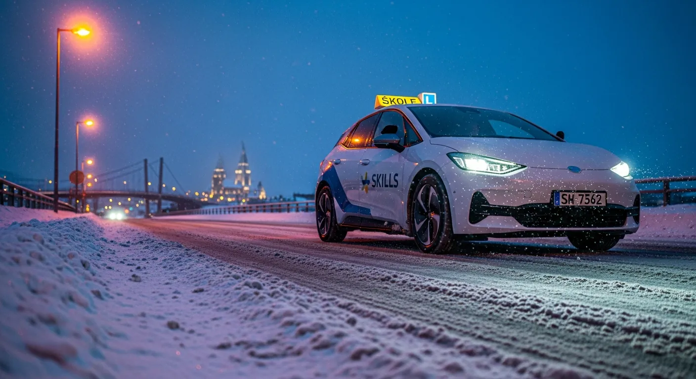 Et oversiktsbilde av Tromsø by dekket i snø, som viser utfordrende kjøreforhold og en moderne skolebil fra Skills Trafikkskole.