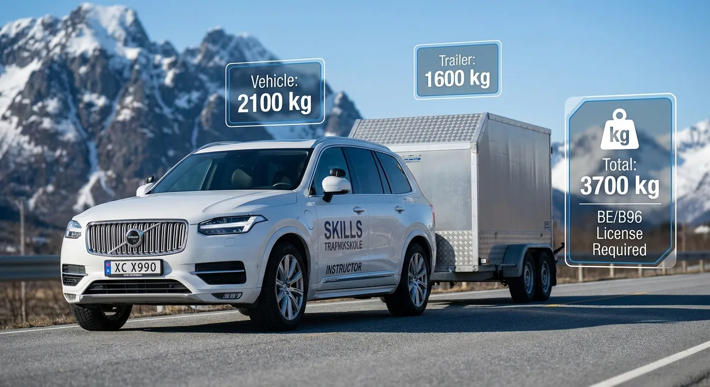 En oversiktlig illustrasjon som viser en bil og en henger med vektangivelser som summeres til over 3500 kg