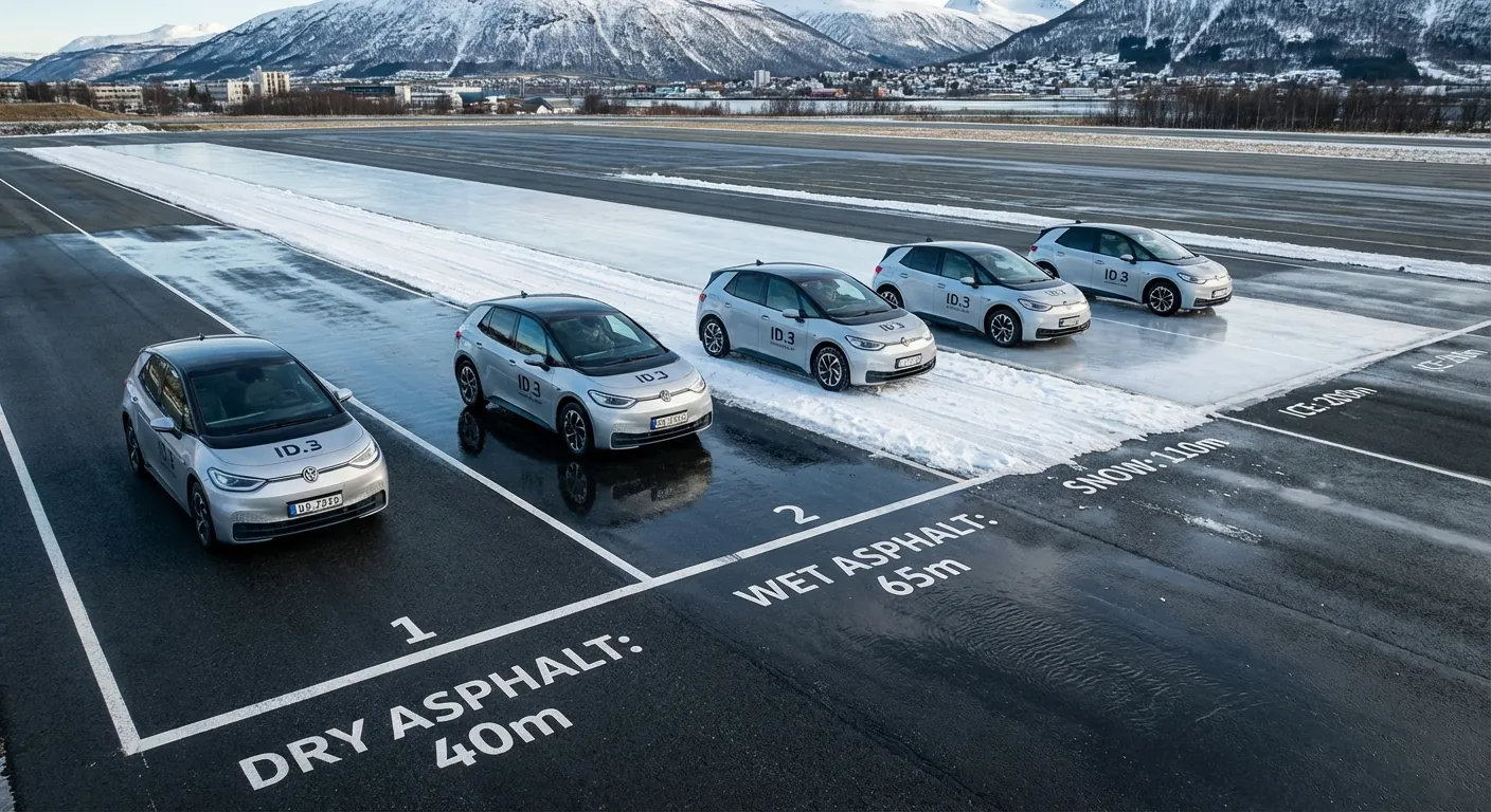 En illustrasjon som sammenligner bremselengder på tørr asfalt, våt asfalt, snø og is i ulike hastigheter