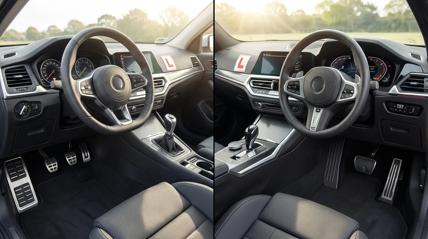 Et bilde som viser innsiden av to biler ved siden av hverandre – én med girspak og clutch, og én med automatgir og to pedaler.