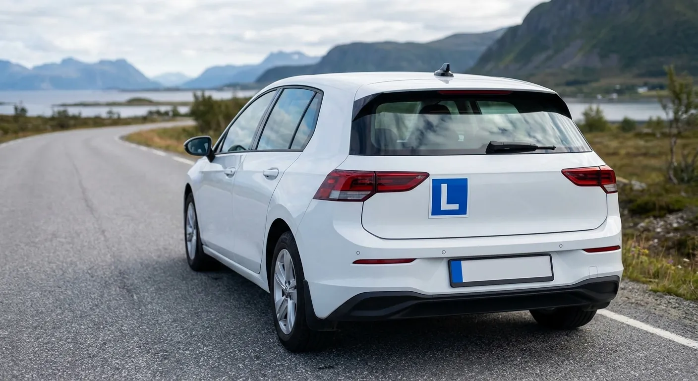 En hvit bil sett bakfra med et tydelig blått og hvitt L-skilt festet på bakluken