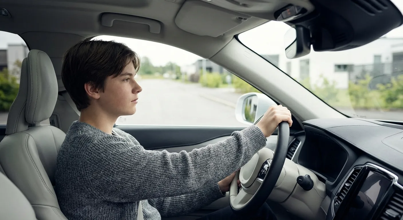 En ung person som sitter i førersetet i en moderne skolebil og ser konsentrert i speilet