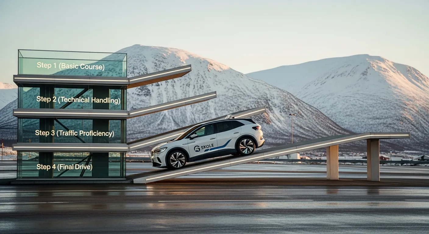 En illustrasjon som viser de fire trinnene i en trappemodell, fra grunnkurs til oppkjøring.