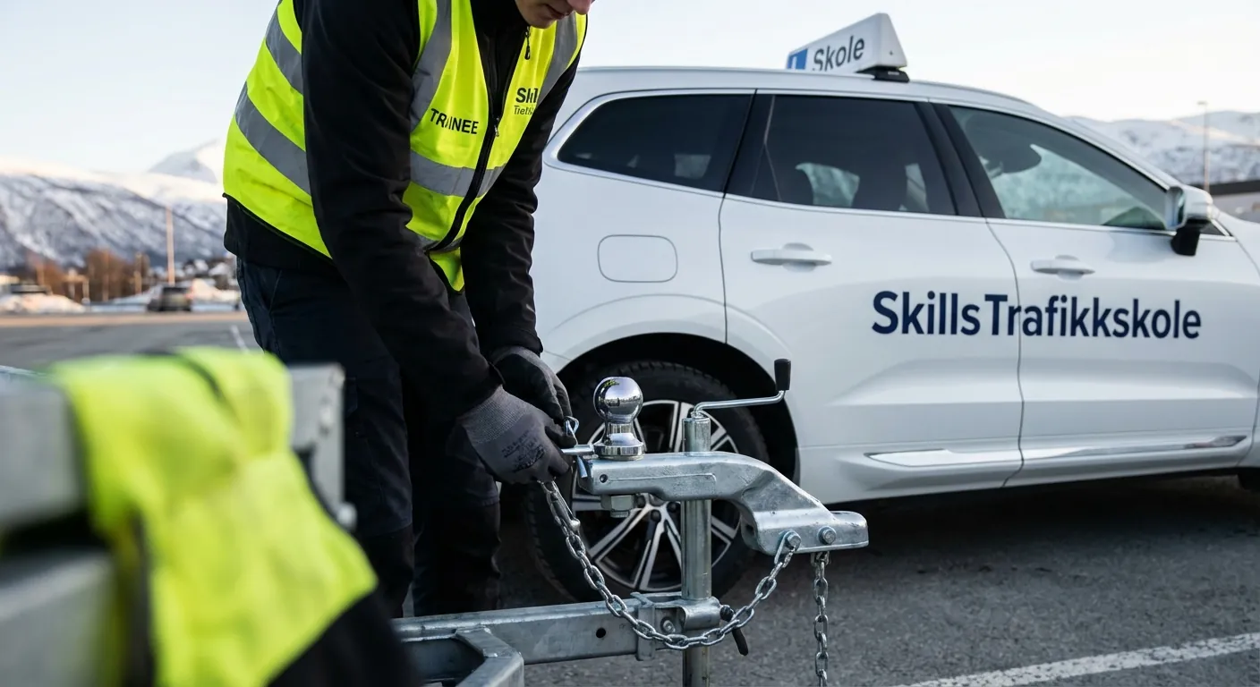 Et bilde av en elev hos Skills Trafikkskole som kobler en tilhenger til en moderne undervisningsbil