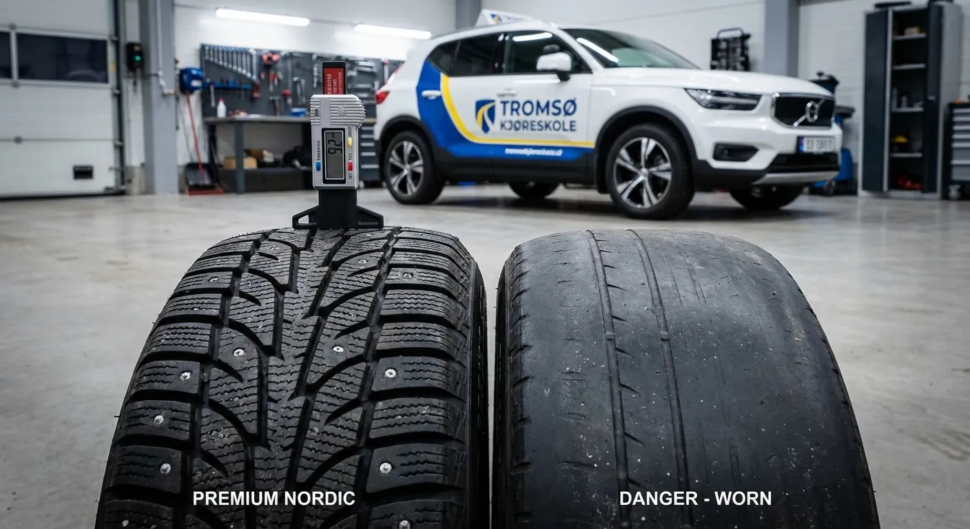 Et bilde som viser forskjellen på et nytt vinterdekk og et slitt dekk, med tydelig markering av mønsterdybde