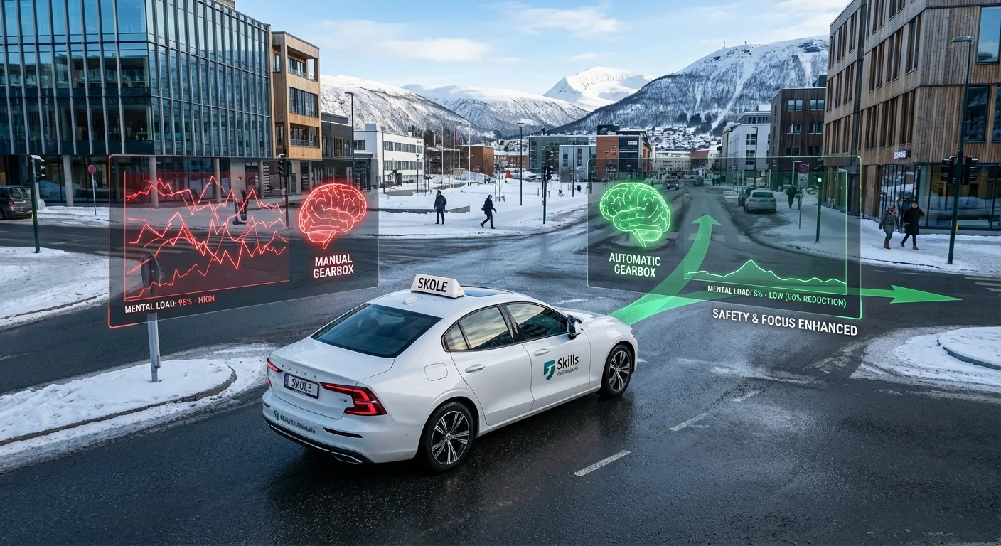 En oversiktlig illustrasjon som viser trafikkflyt i et kryss med tekst som forklarer hvor mye mental kapasitet man sparer med automatgir.