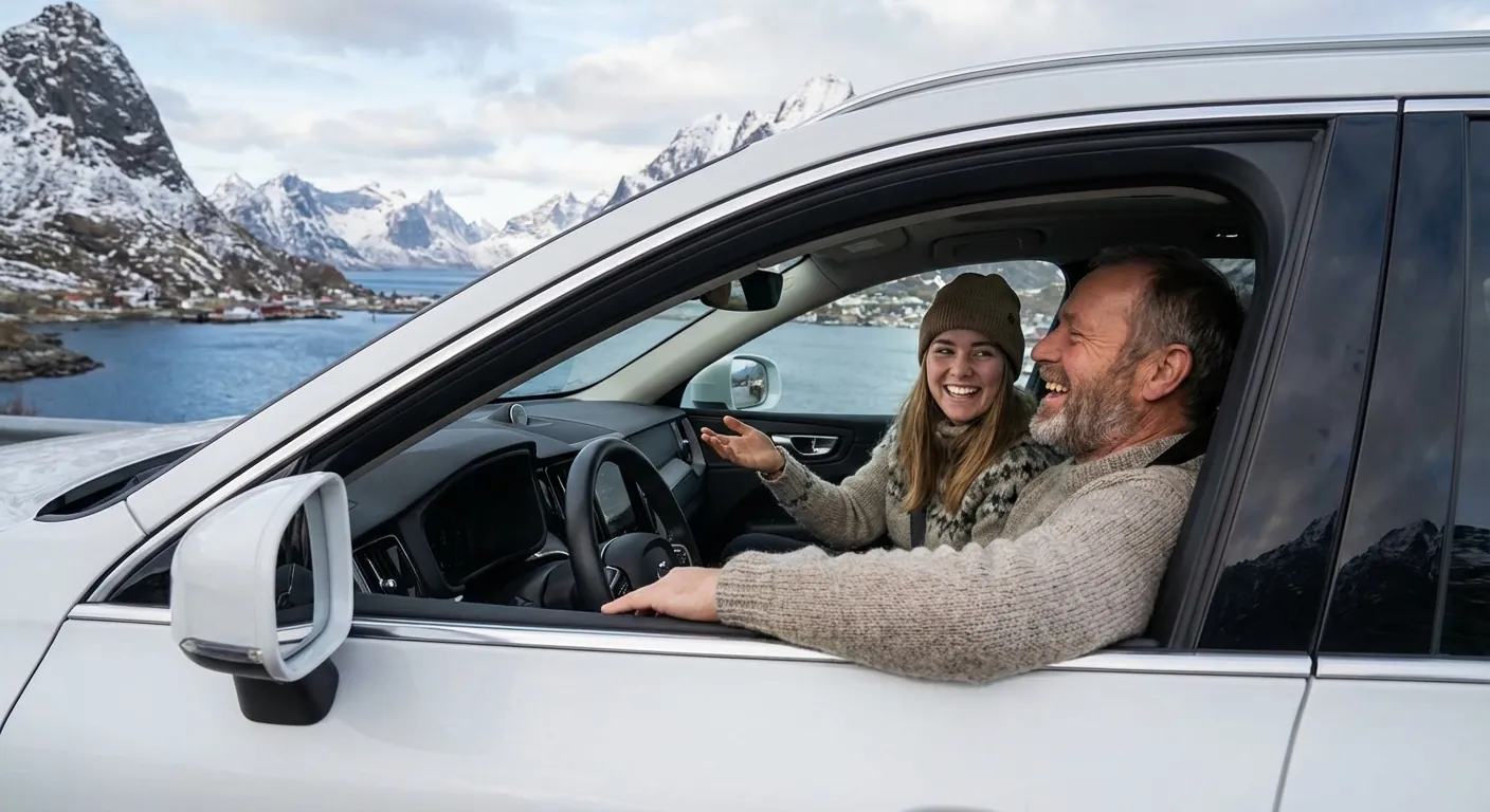 En ung fører og en eldre ledsager som smiler og snakker sammen i en moderne bil parkert ved en utsiktspost
