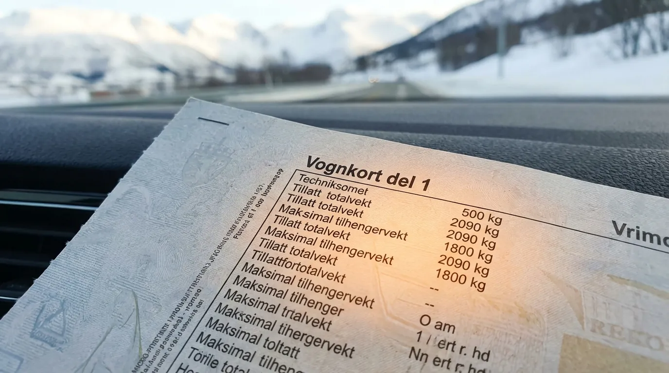 Nærbilde av et norsk vognkort hvor punktene for tillatt totalvekt og maksimal hengervekt er uthevet