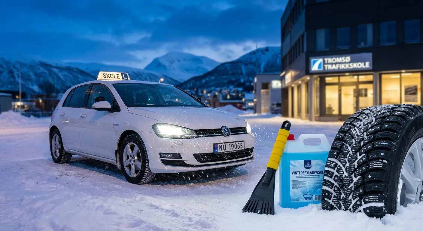 En sjekkliste-illustrasjon for vinterklargjøring av bil (lys, dekk, spylervæske, isskrape, batteri)