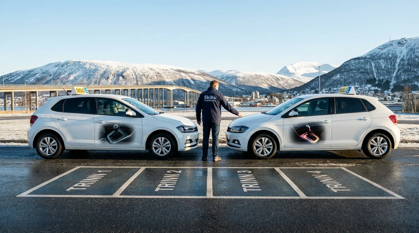 En tidslinje som sammenligner de fire trinnene i kjøreopplæringen for henholdsvis manuell og automat.