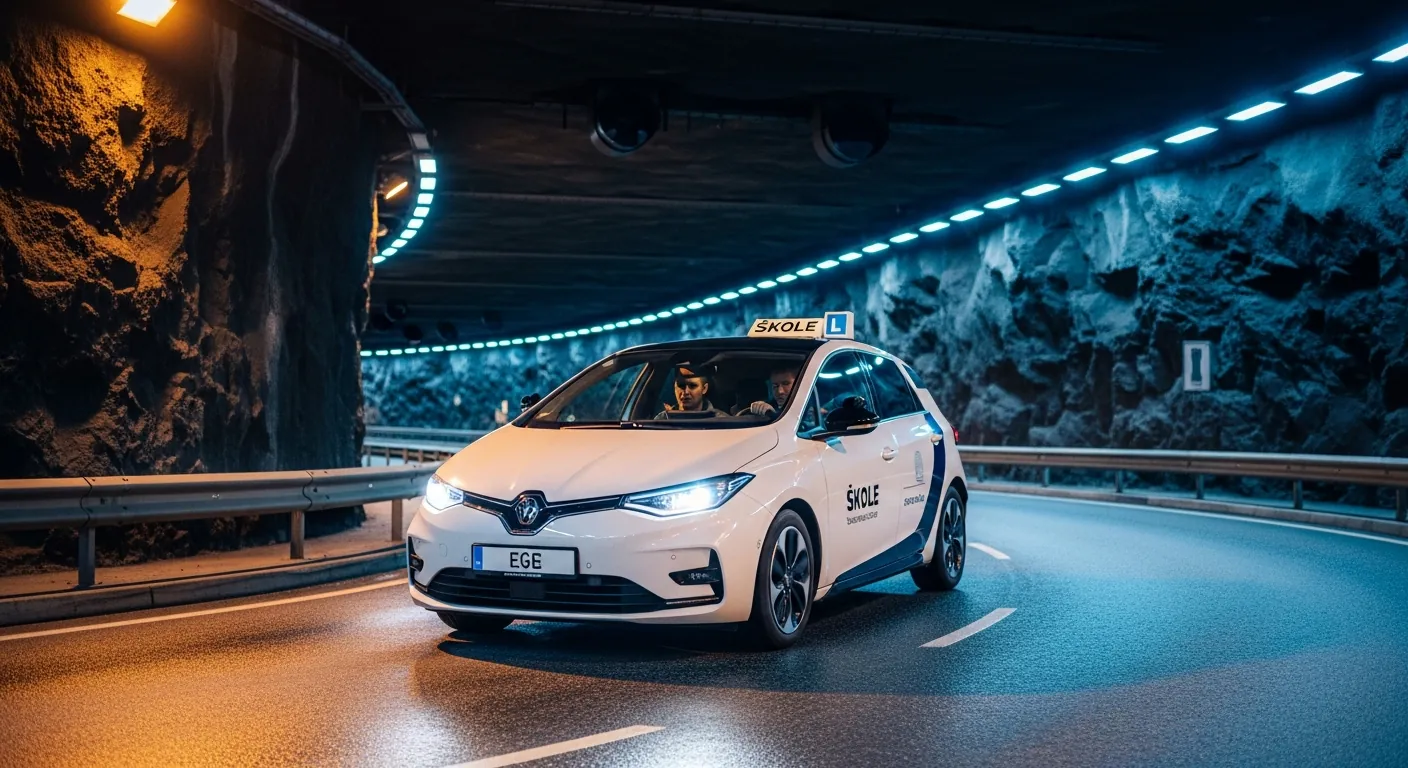 Et bilde som viser en skolebil som navigerer gjennom den kjente tunnel-rundkjøringen i Tromsø.