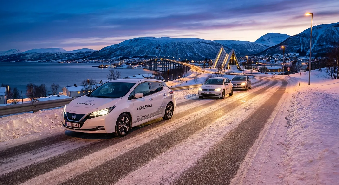 Et oversiktsbilde av Tromsø i vinterdrakt med biler som holder god avstand på veien