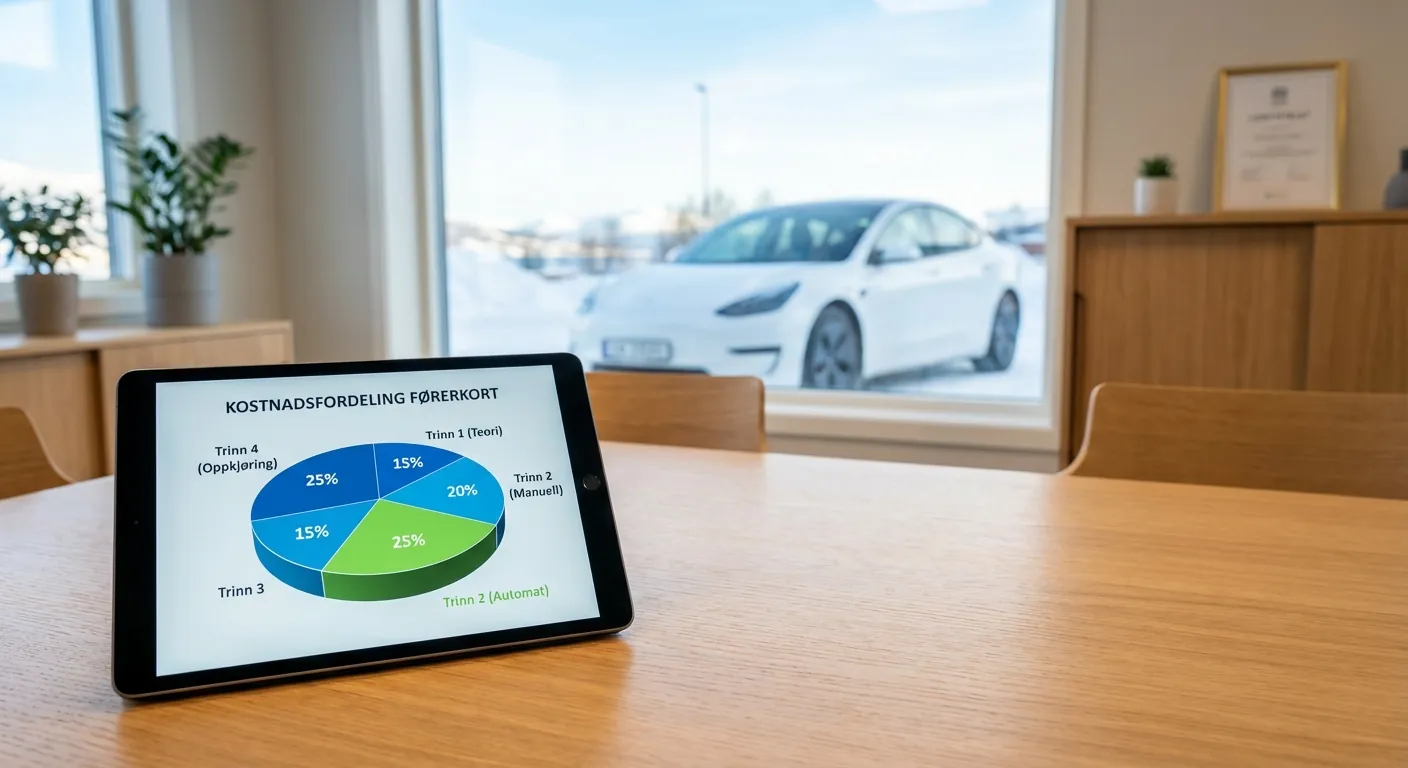 Et kakediagram som viser fordelingen av kostnader i et typisk førerkortløp, der man ser differansen i trinn 2-utgifter mellom manuell og automat.