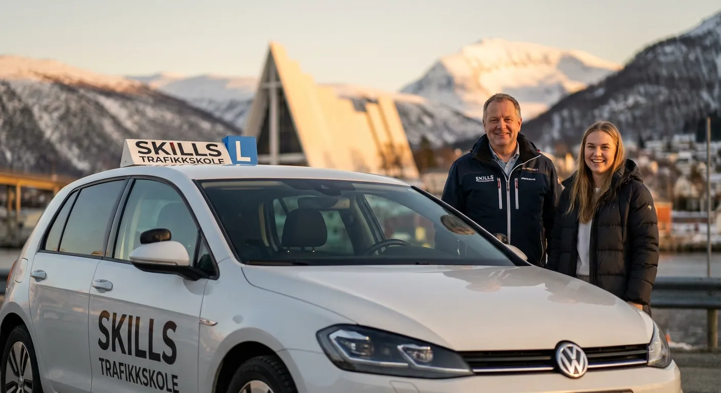 Et motiverende bilde av en elev og en trafikklærer som smiler foran en av Skills Trafikkskole sine biler i Tromsø-landskap.