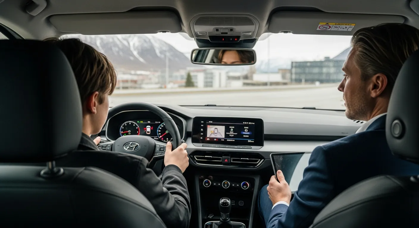 Et bilde av en spent men fokusert elev som sitter i bilen sammen med en sensor rett før oppstart.