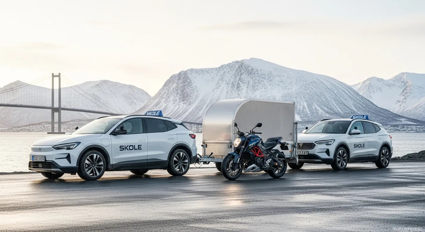 En oversikt over de ulike kjøretøyene Skills tilbyr opplæring på: Bil, motorsykkel og bil med henger.