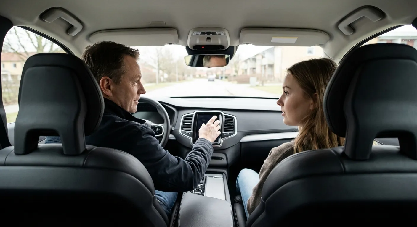 En rolig trafikklærer som forklarer noe til en elev inne i en moderne skolebil