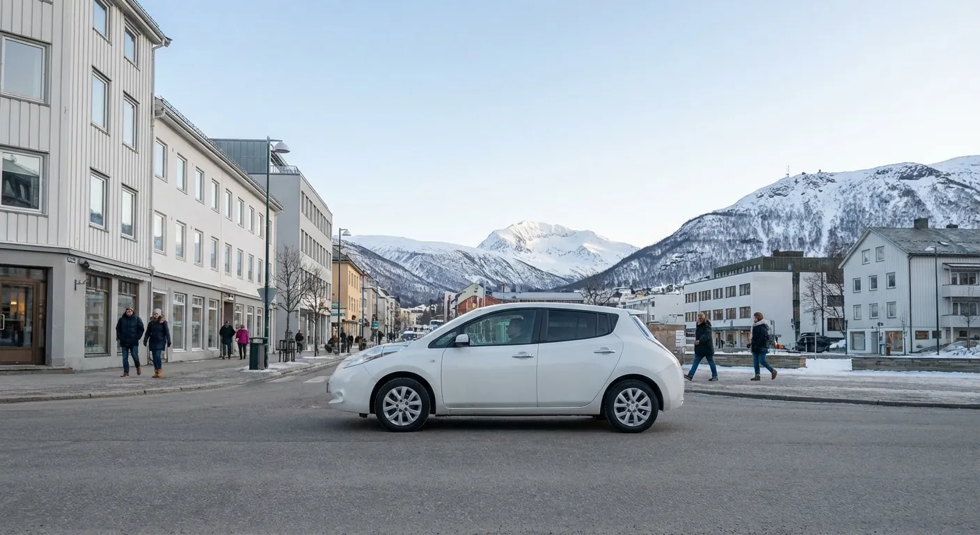 En moderne hvit skolebil som kjører rolig gjennom en gate i Tromsø sentrum med snødekte fjell i bakgrunnen