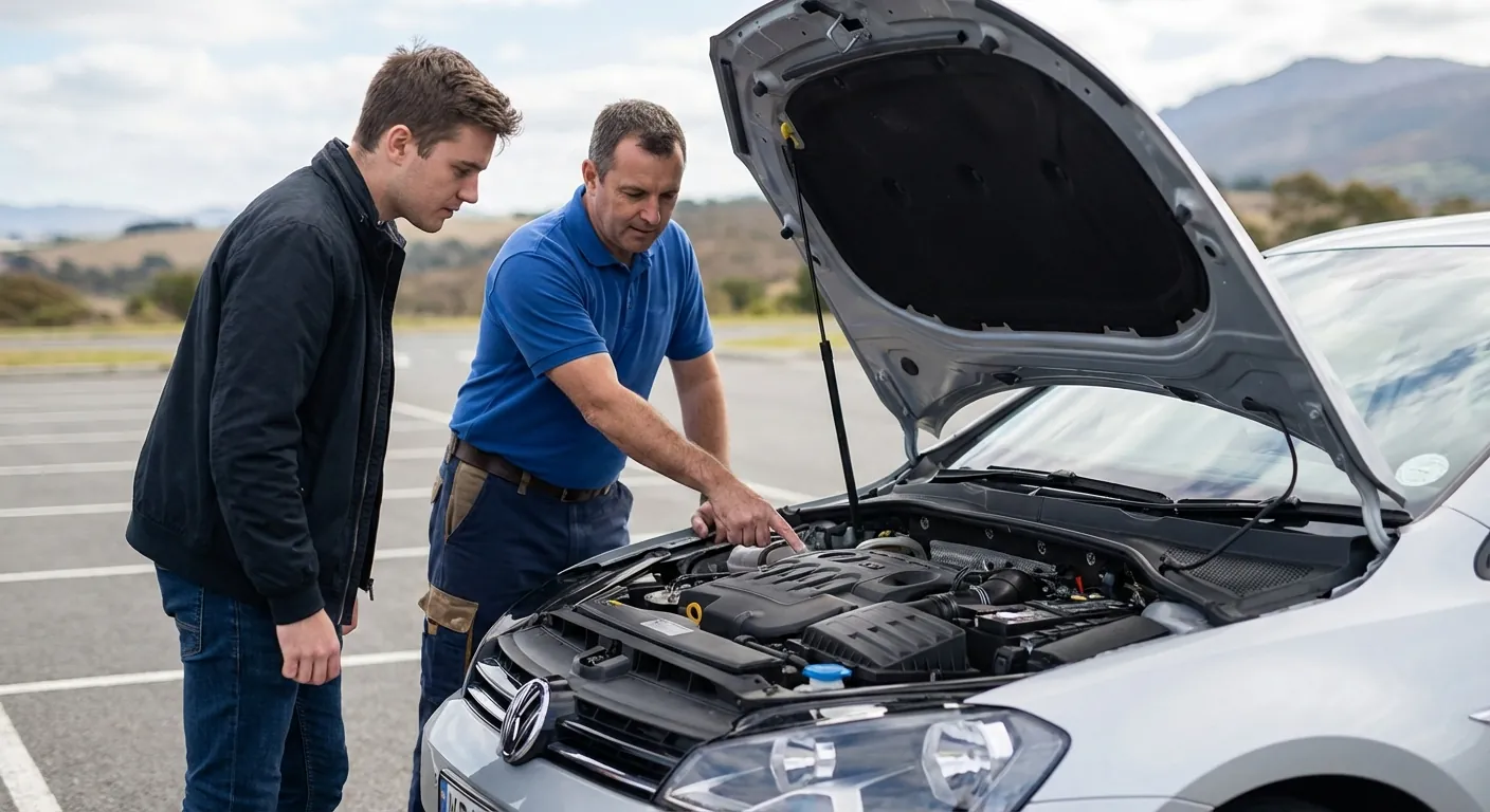 En lærer og en elev som står foran en åpen panser på en moderne bil og går gjennom sjekkpunkter