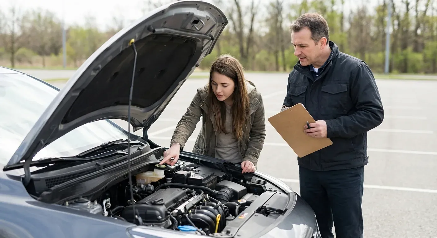 En konsentrert elev som peker på en del i motorrommet mens en sensor observerer med en notatblokk