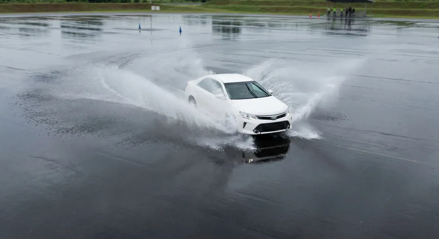 En moderne skolebil som kjører gjennom en vannsprut på en glatt øvingsbane under kontrollerte forhold