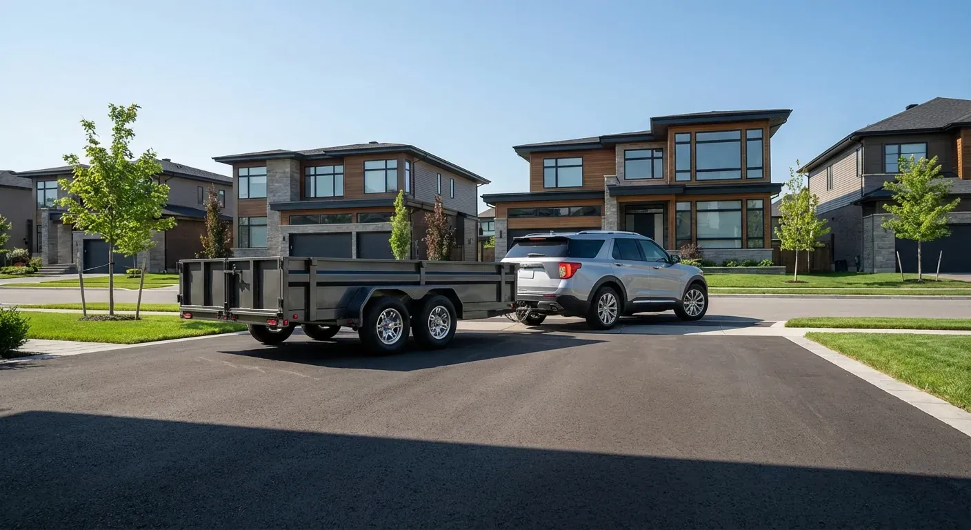 En sølvfarget SUV som rygger en moderne tilhenger inn i en bred oppkjørsel på en solfylt dag