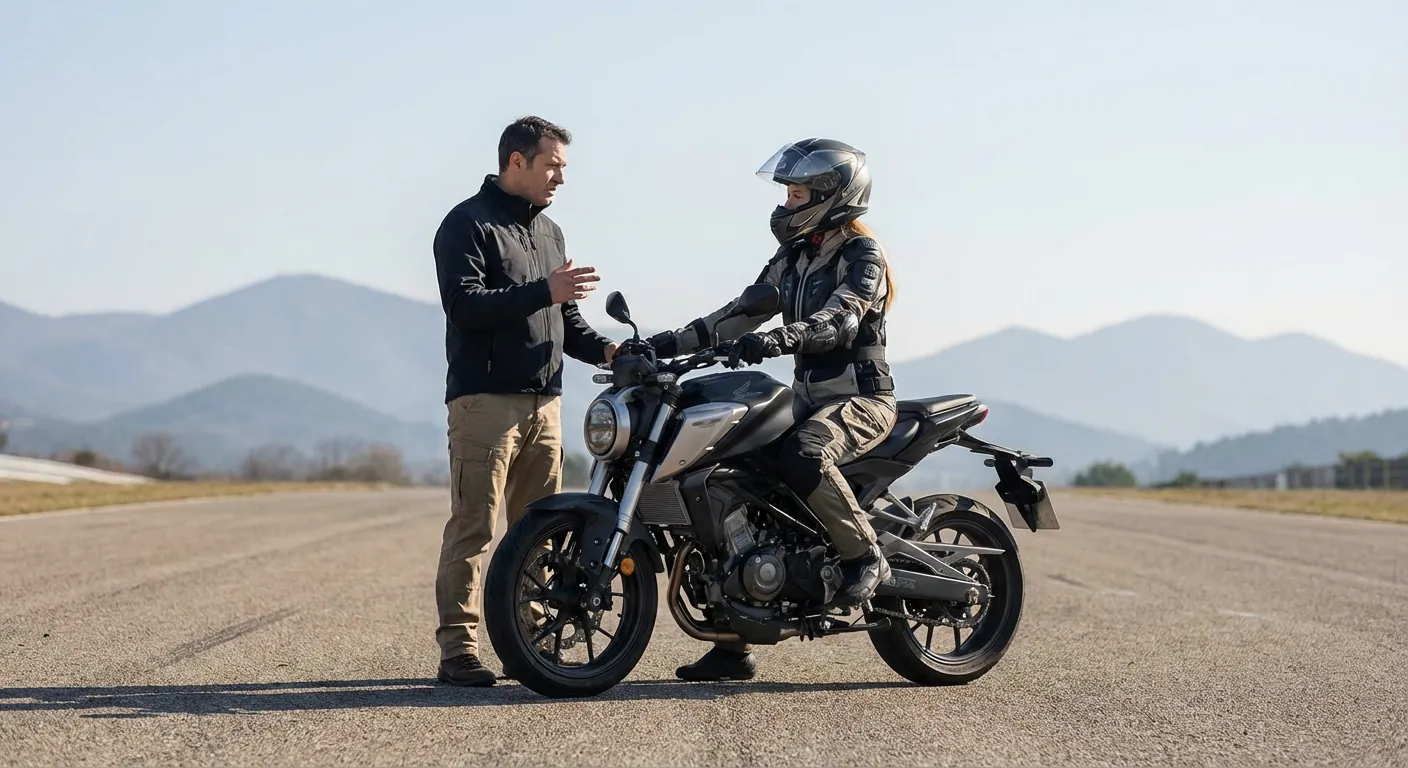 En kjørelærer som gir instruksjoner til en elev som sitter på en motorsykkel på en øvingsbane