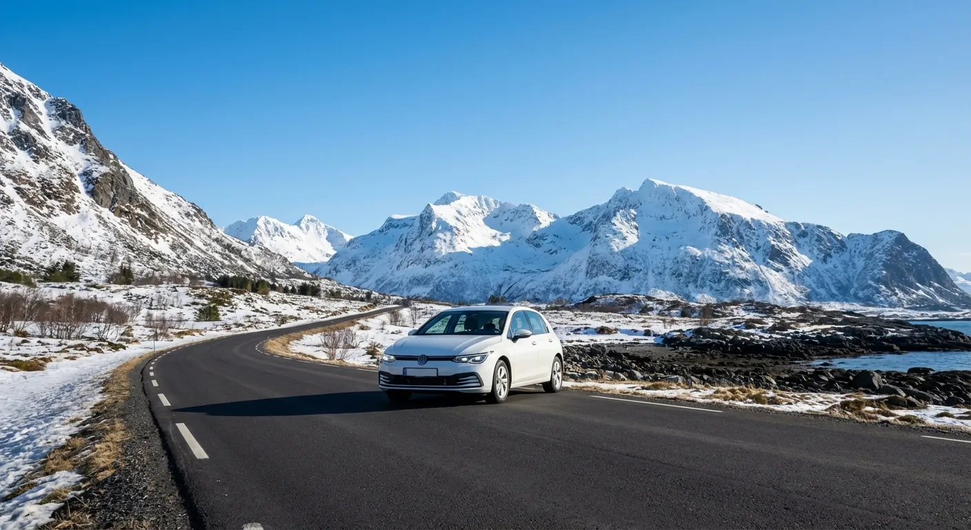 En oversiktlig vei i Tromsø med fjell i bakgrunnen under gode kjøreforhold