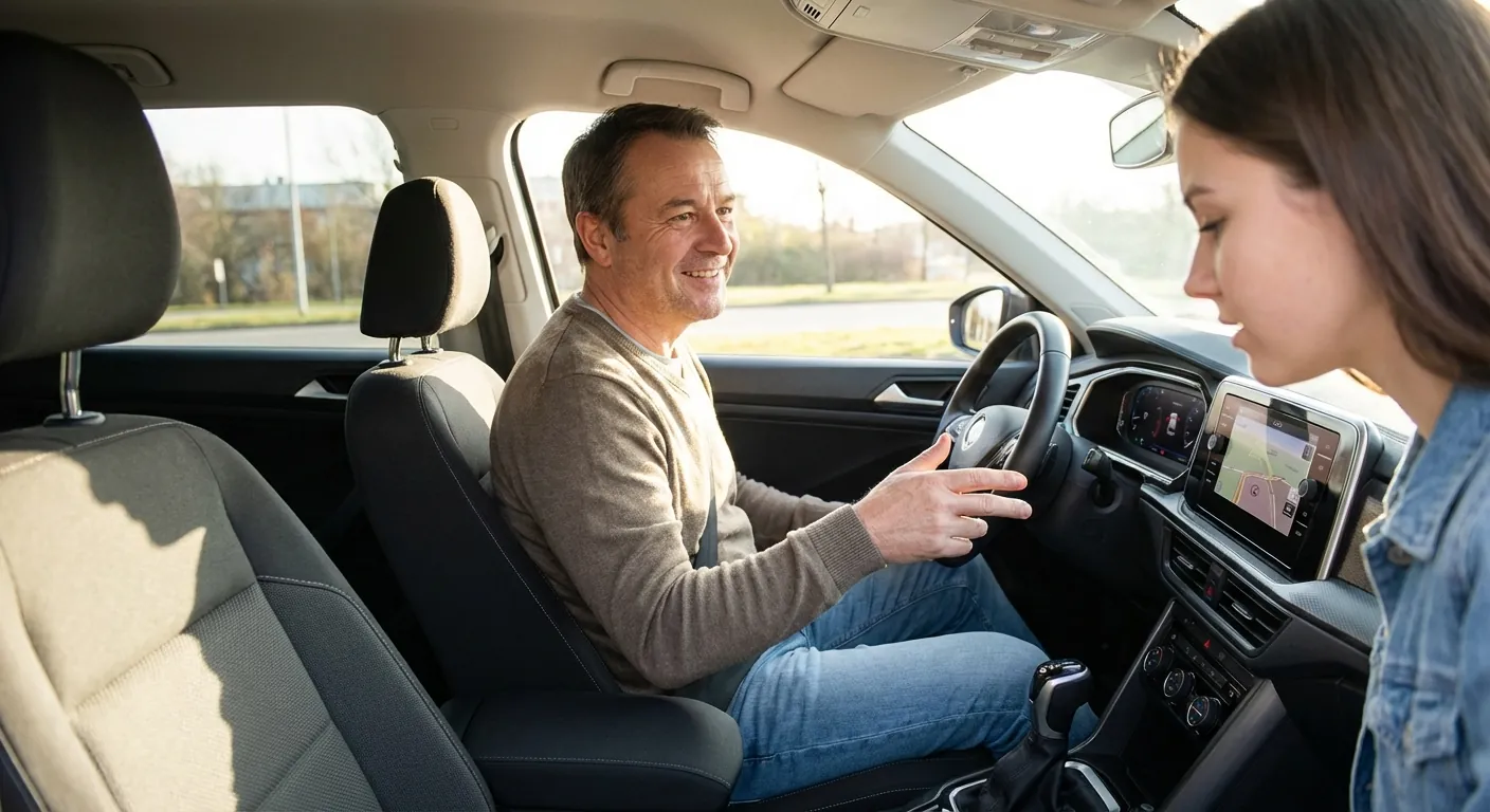En smilende trafikklærer som forklarer en detalj på et dashbord til en ung elev inne i en moderne bil