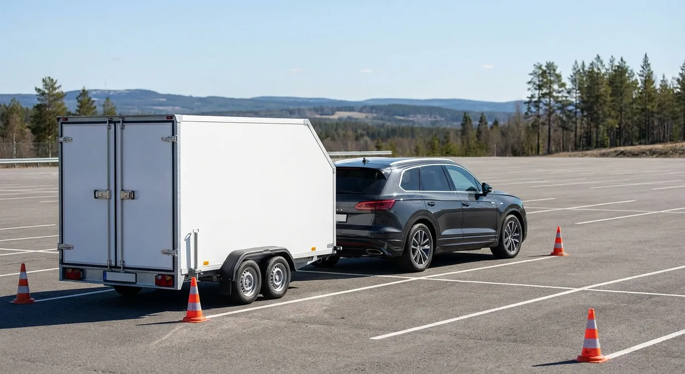 En bil med en stor tilhenger som rygger kontrollert inn i en markert luke på en øvingsplass
