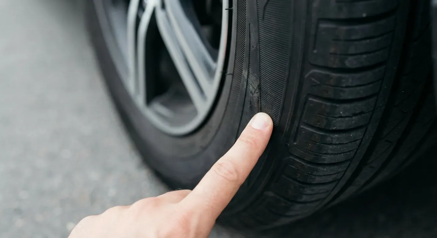 Nærbilde av en hånd som peker på en dekkside for å lese av tallene for dimensjon og lasteindeks