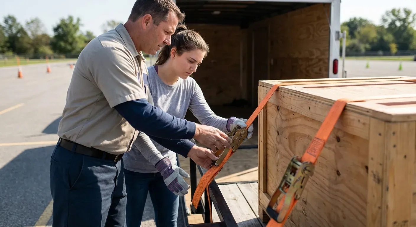 En instruktør som viser en elev hvordan man fester en lastestropp korrekt i et lasterom