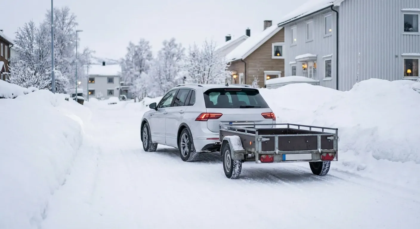 En hvit undervisningsbil fra en kjøreskole som rygger en henger forsiktig gjennom en smal gate med snøkanter på sidene