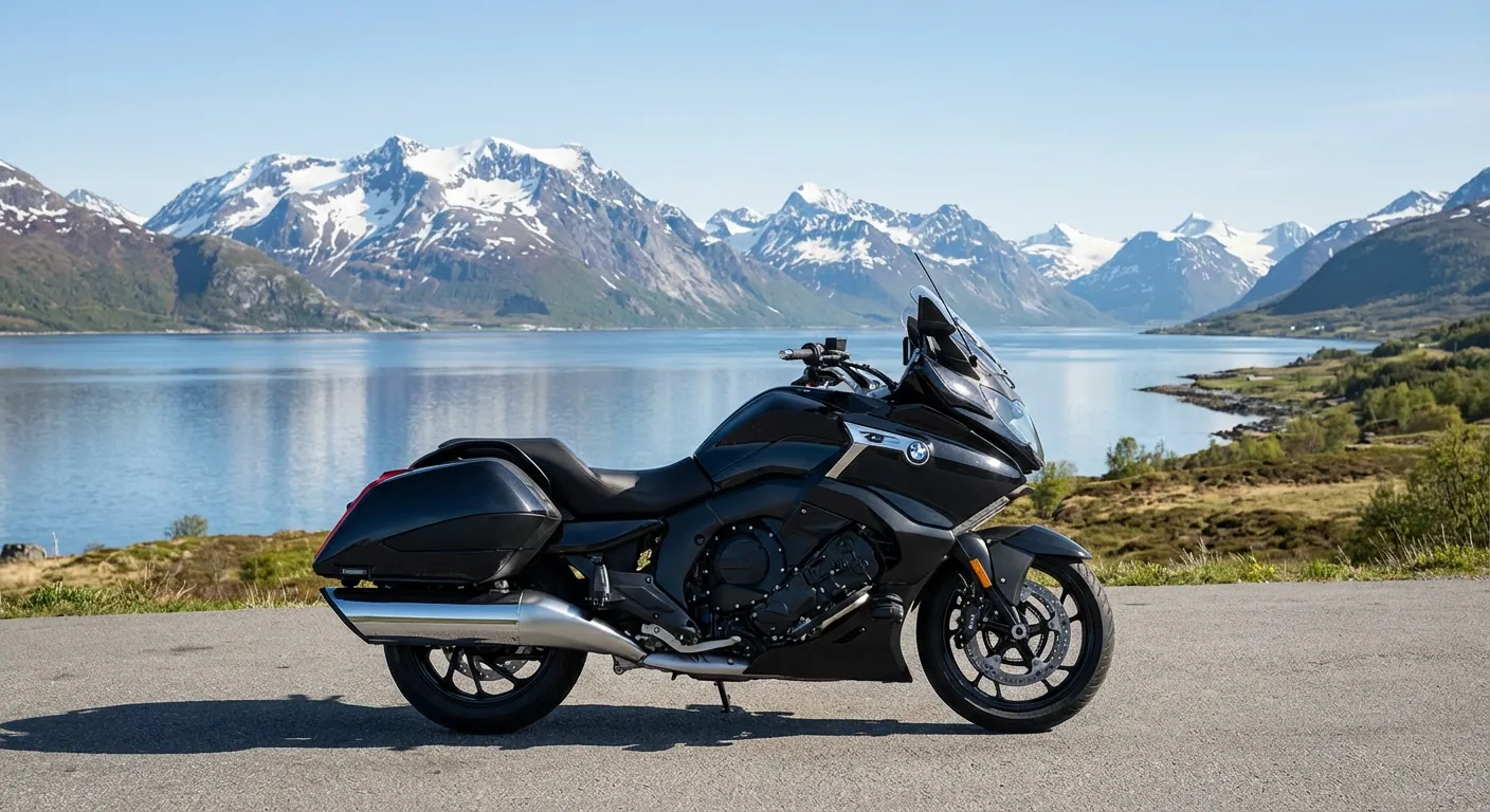 En moderne tung motorsykkel parkert ved en utsiktsplass med snødekte fjell i bakgrunnen i Tromsø-området