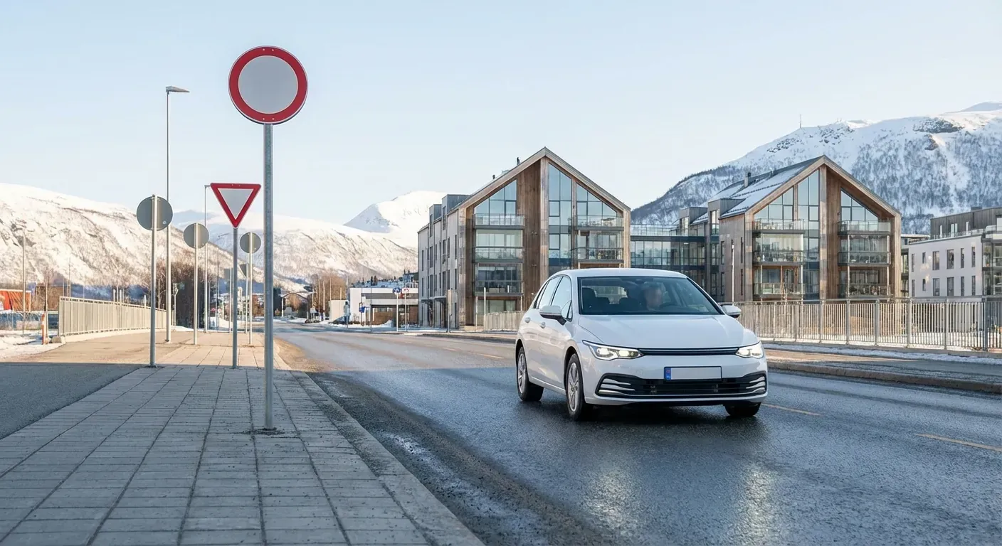En oversiktlig vei i et urbant strøk med flere ulike trafikkskilt synlig langs veikanten