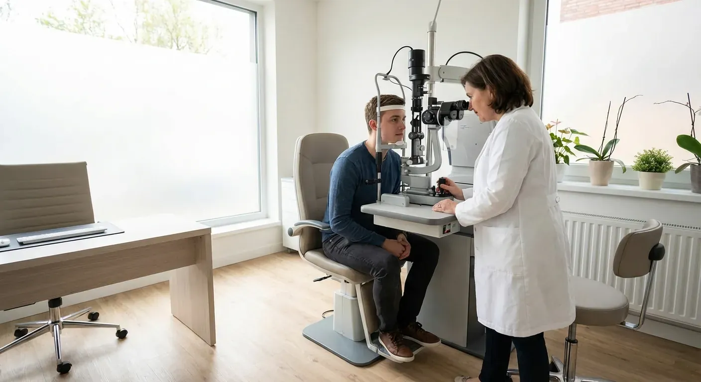 A doctor in a white coat conducting a standard eye test for a patient in a bright medical office