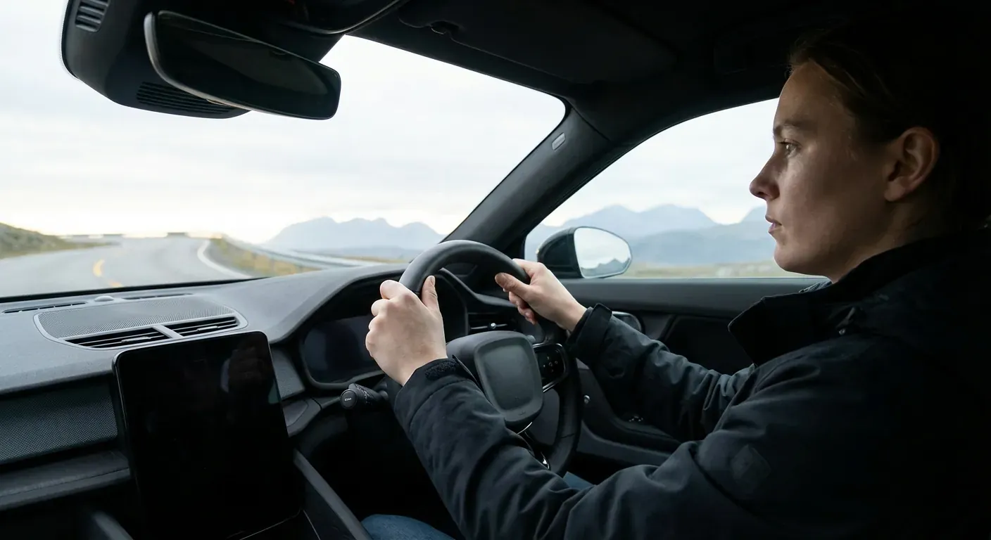 En ung sjåfør som holder hendene på rattet i en moderne bil og ser konsentrert på veien gjennom frontruten