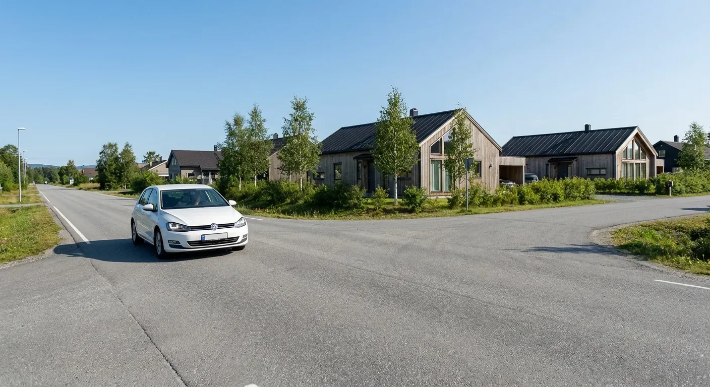 En moderne skolebil som nærmer seg et uregulert veikryss i et boligområde med god sikt til høyre