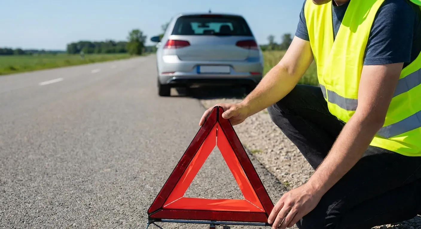 A person in a high-visibility yellow vest placing a red warning triangle on a roadside during a clear day