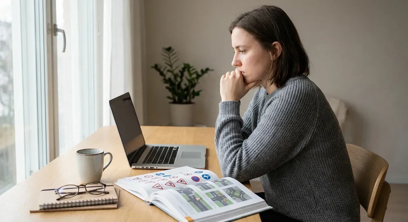 En konsentrert student som sitter ved et ryddig skrivebord med en bærbar datamaskin og en lærebok om trafikkregler