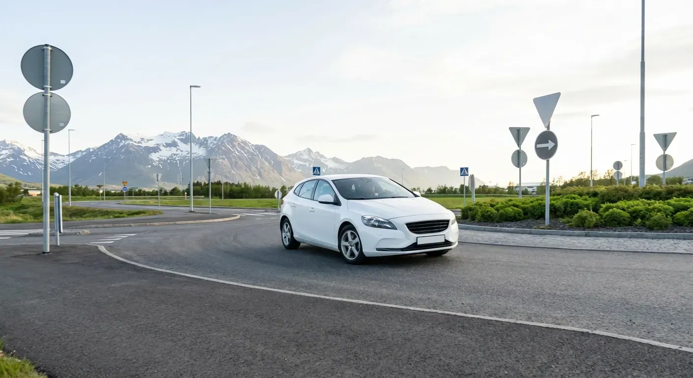 En moderne undervisningsbil som navigerer trygt gjennom en rundkjøring med klare skilt i bakgrunnen
