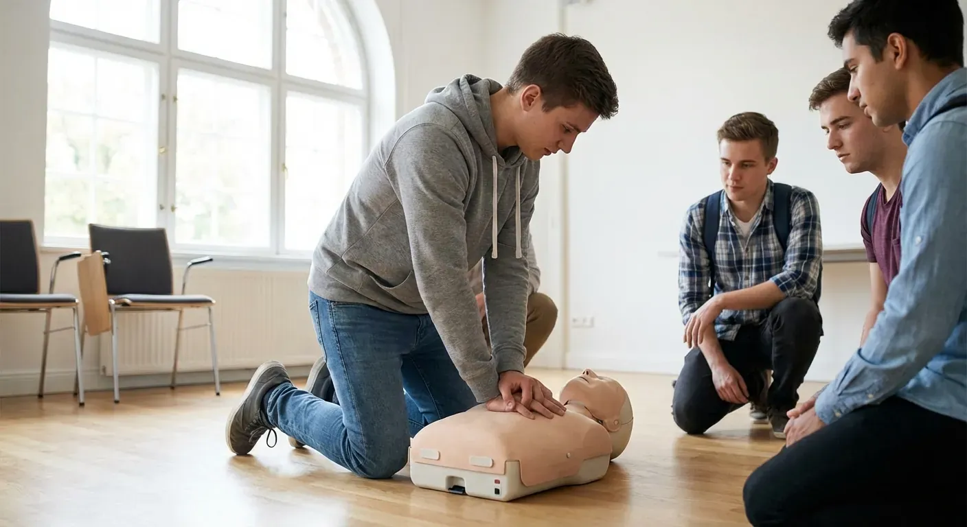 A group of young adults practicing chest compressions on a training mannequin in a bright classroom