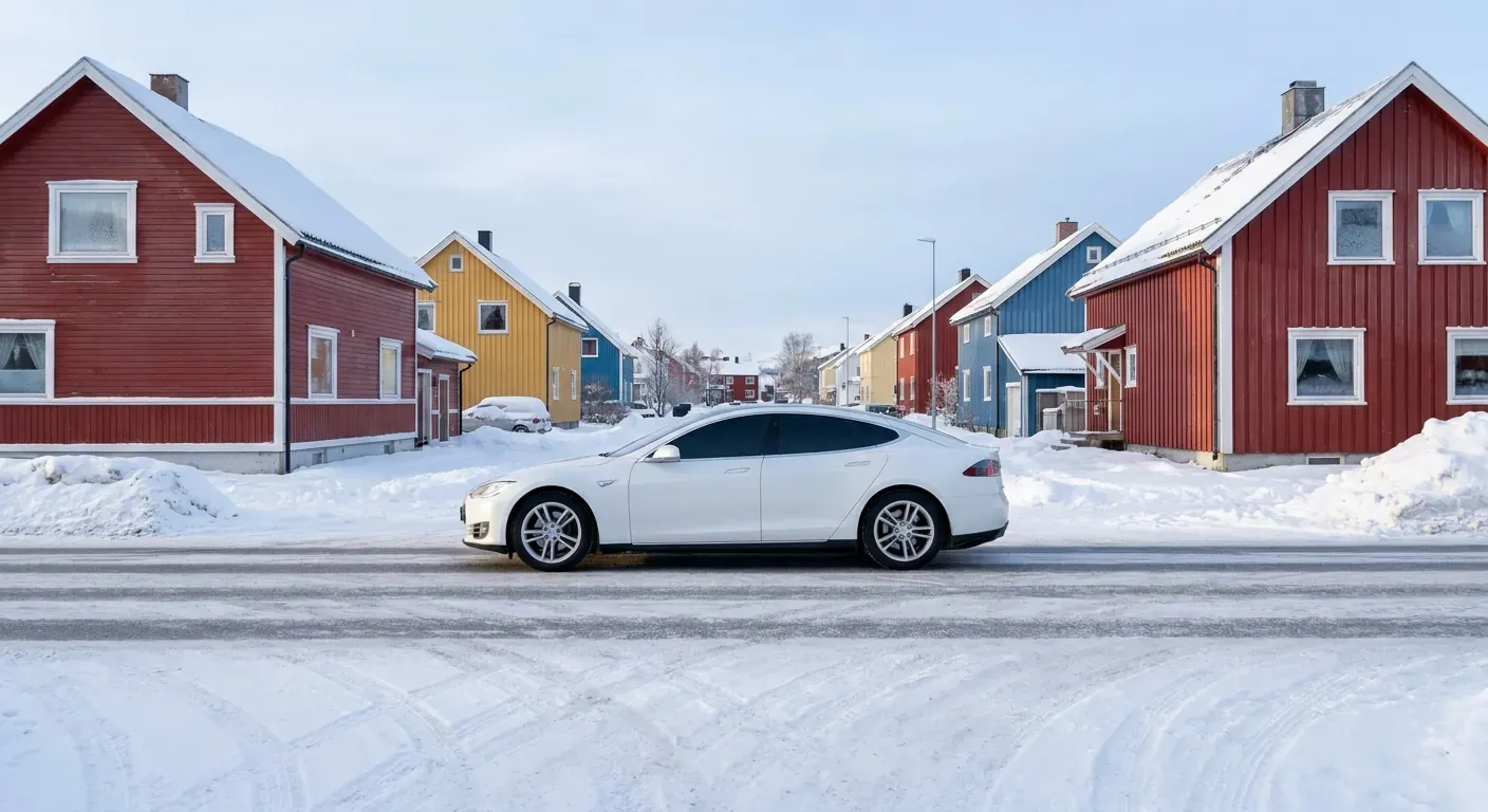 En moderne hvit elektrisk skolebil som kjører rolig gjennom en snødekt gate i Tromsø