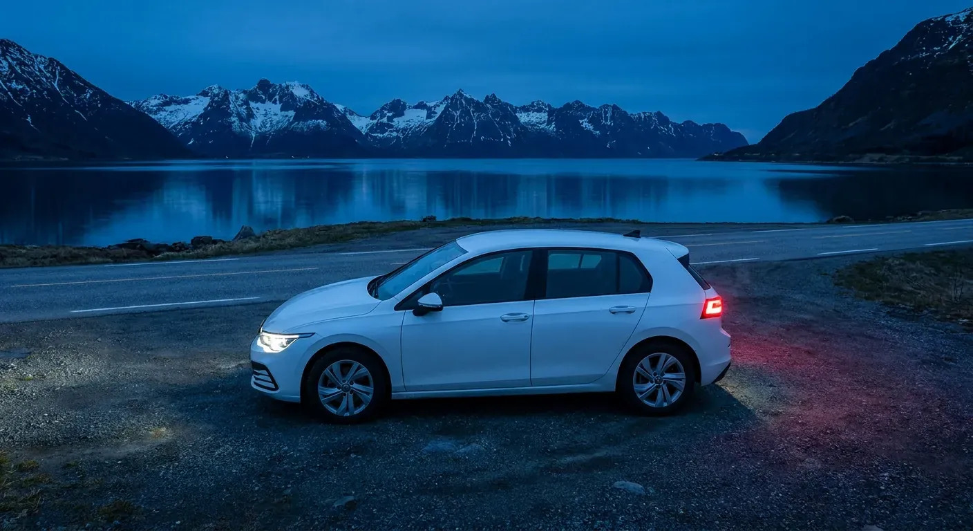En moderne personbil som står parkert på en rasteplass ved en fjord i skumringen med lysene på