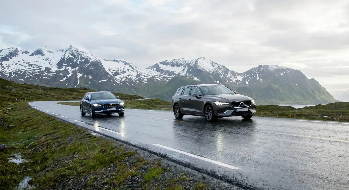 A car maintaining a wide gap behind another vehicle on a wet asphalt road