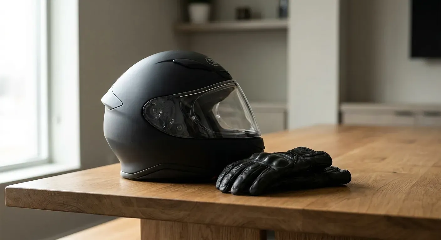A close-up of a modern, matte black motorcycle helmet resting on a wooden table next to leather gloves.