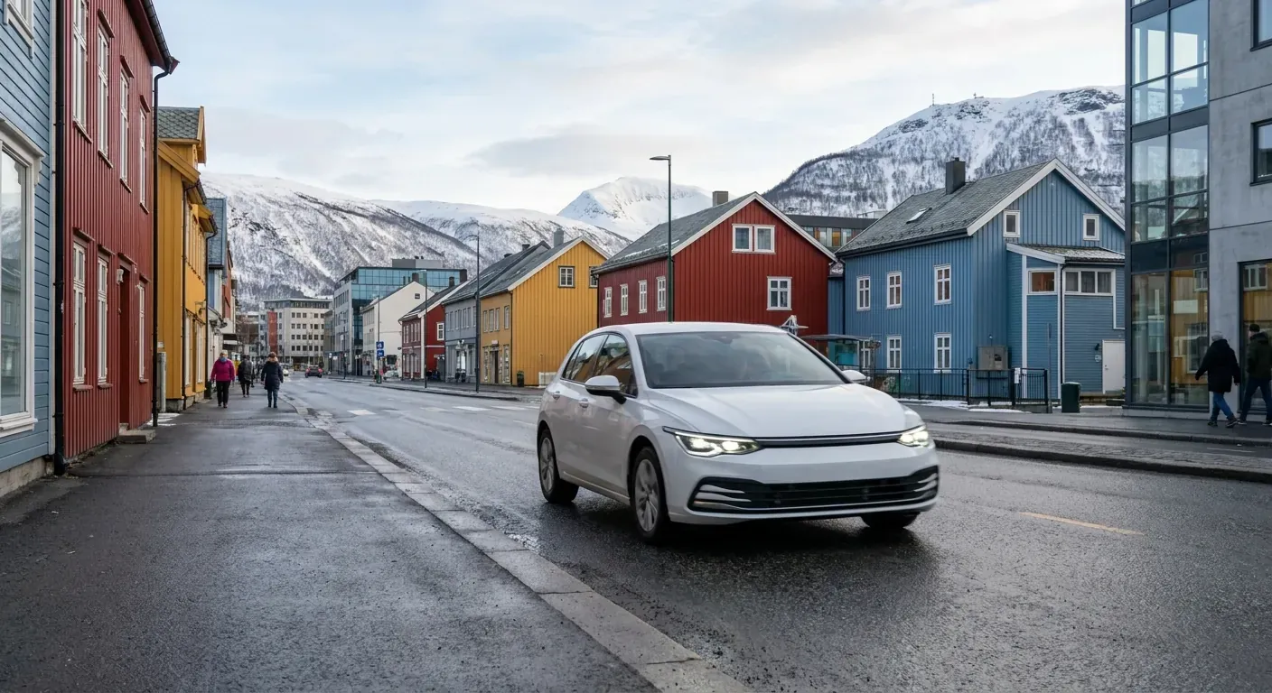 En moderne bil som kjører forsiktig gjennom en oversiktlig gate i Tromsø sentrum