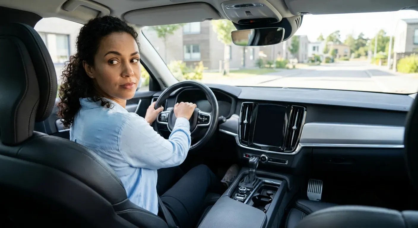 A driver looking over their shoulder to check the blind spot before changing lanes