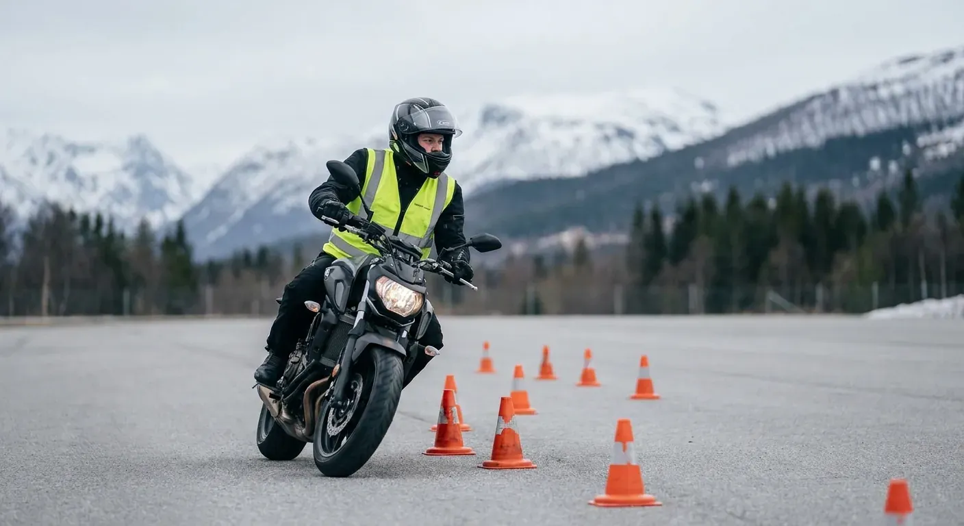 A motorcycle student at a training ground wearing high-visibility gear and a full protective suit.