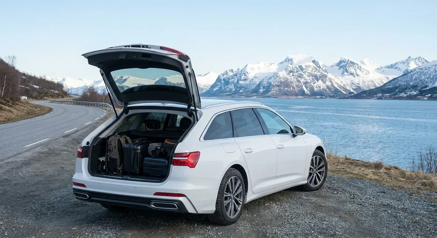 En moderne stasjonsvogn parkert ved en fjellvei i Tromsø med ryddig organisert bagasje i bagasjerommet